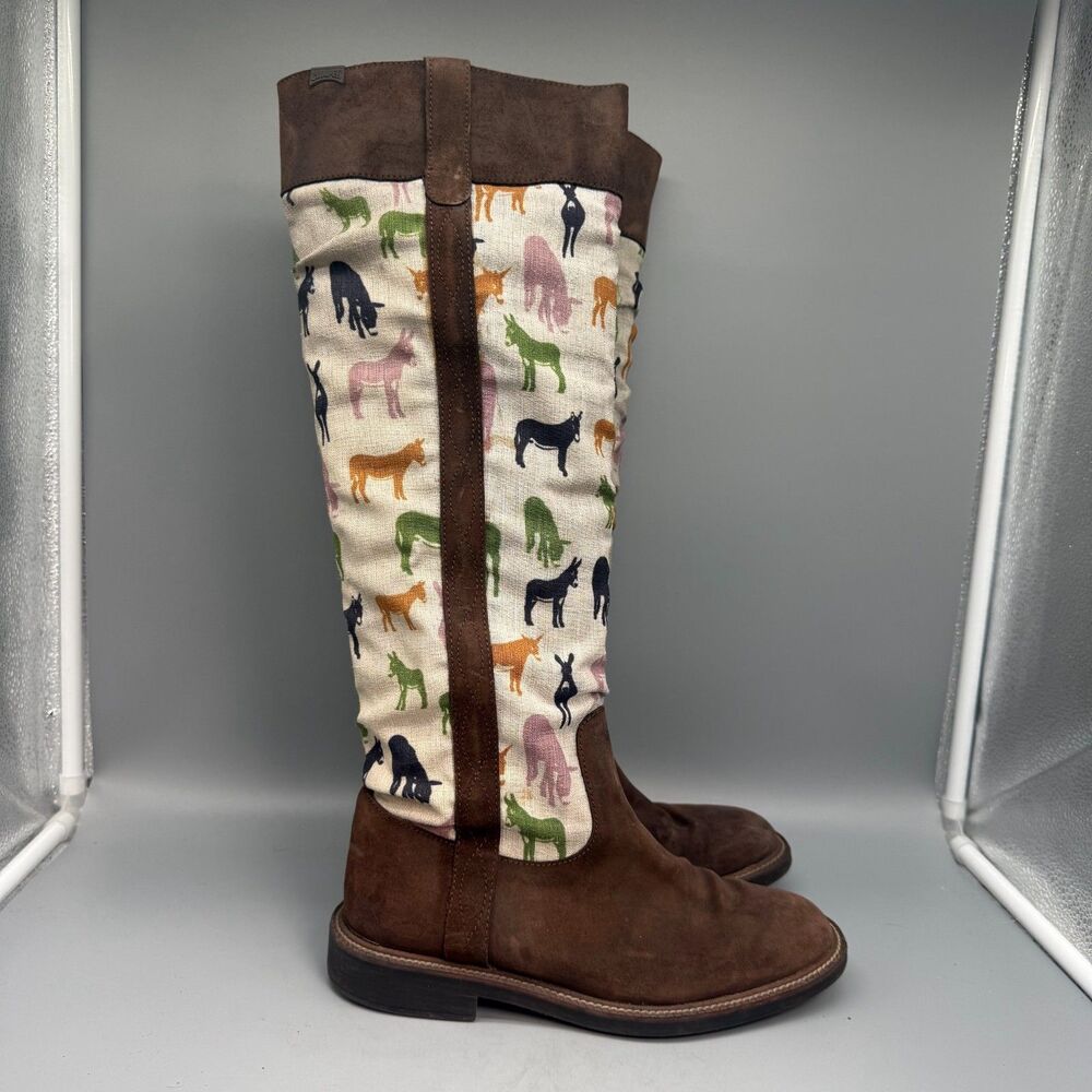 Camper Women 7.5 Brown Donkey Horse Suede Pull-On Tall Knee High Block Heel Boot